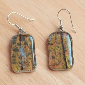 Silver Tone Earrings Artisan Handmade Art Dichroic Glass Swirl Rectangular